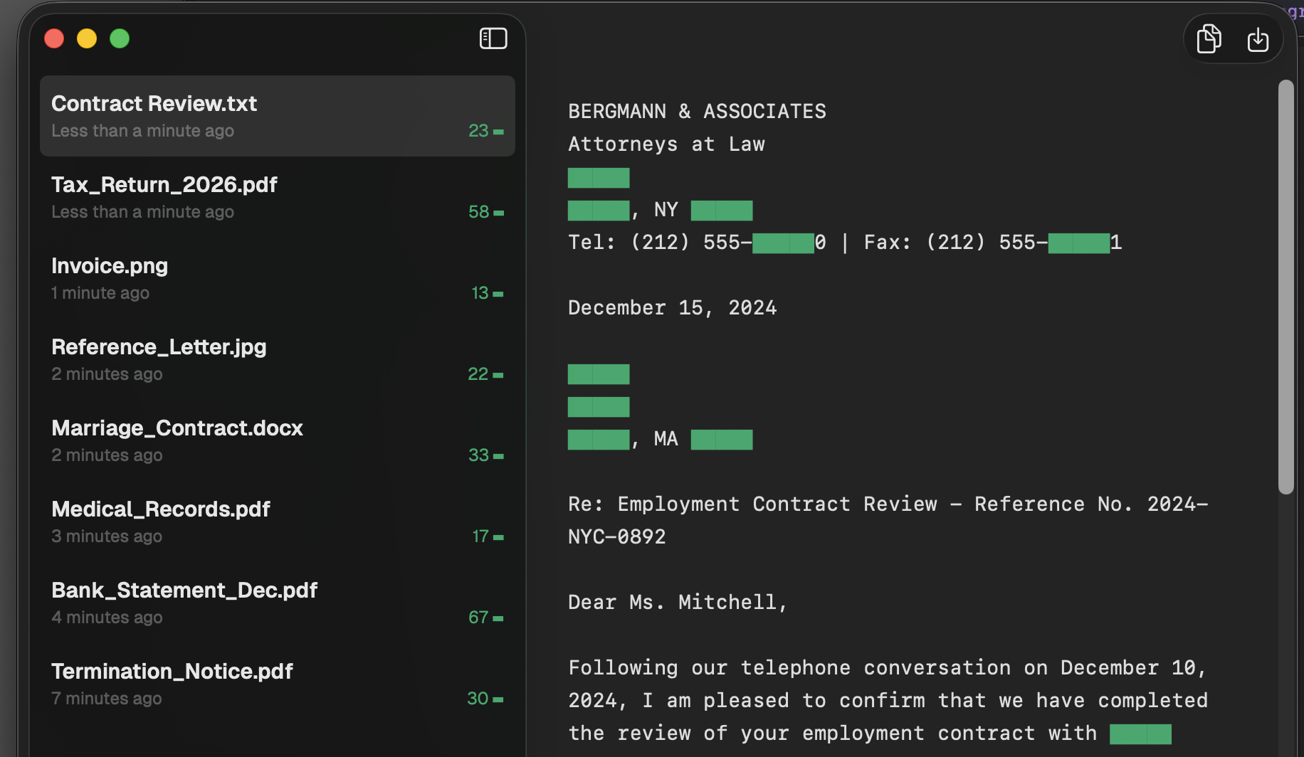 Lacuna app showing redacted document with personal information hidden